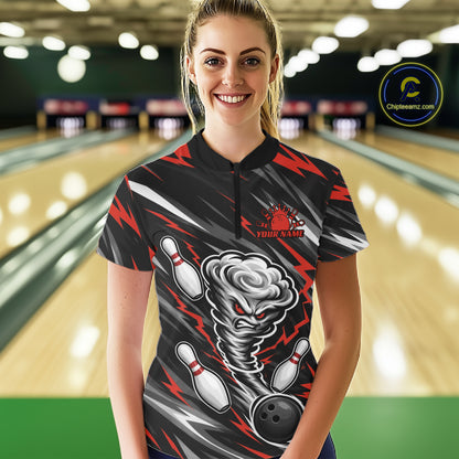 Custom Black And Red Storm Thunnder Lightning Bolts Bowling Team Women Quarter-Zip Shirt IPHW11807
