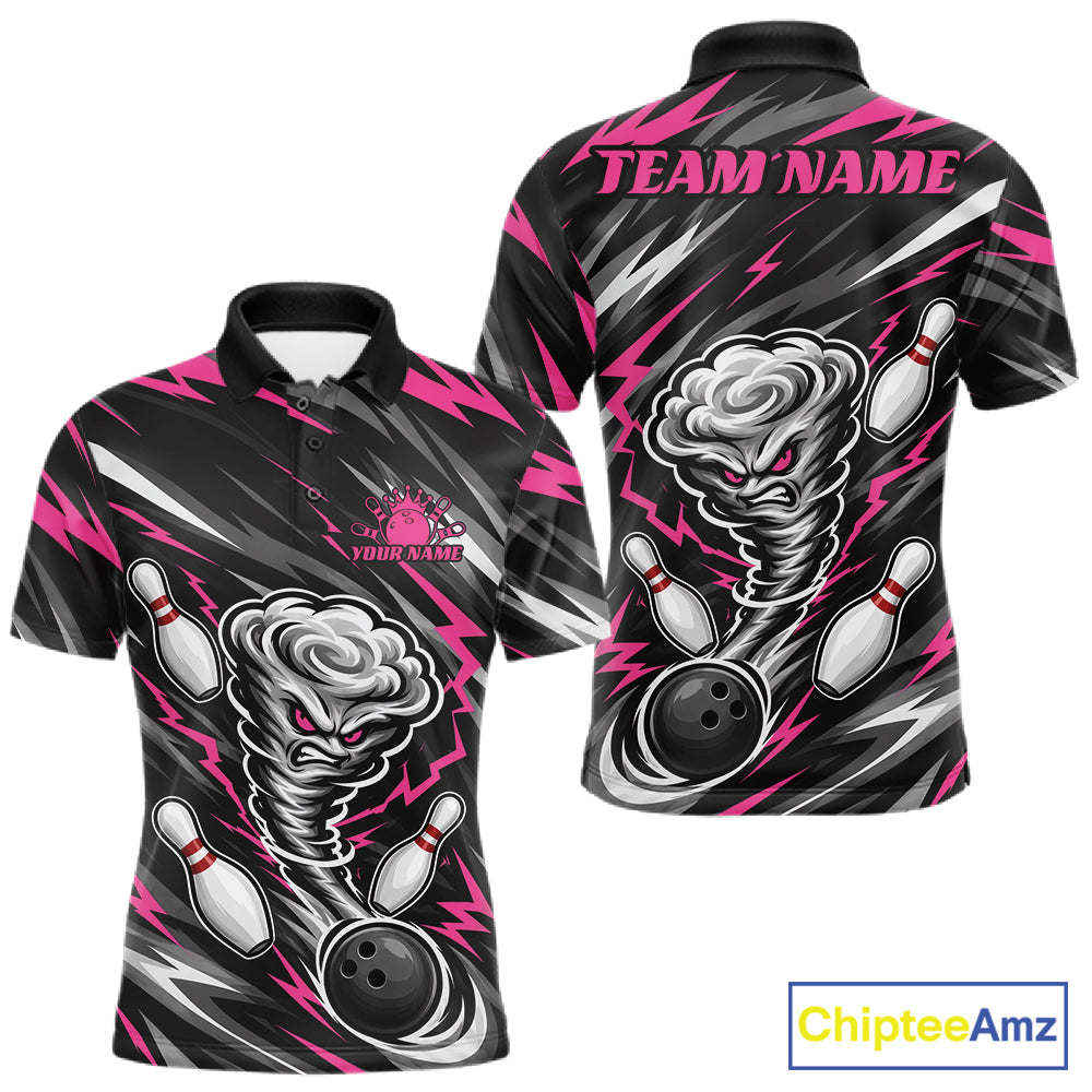 Custom Black And Pink Storm Thunnder Lightning Bolts Bowling Team Men Polo Shirt IPHW11808