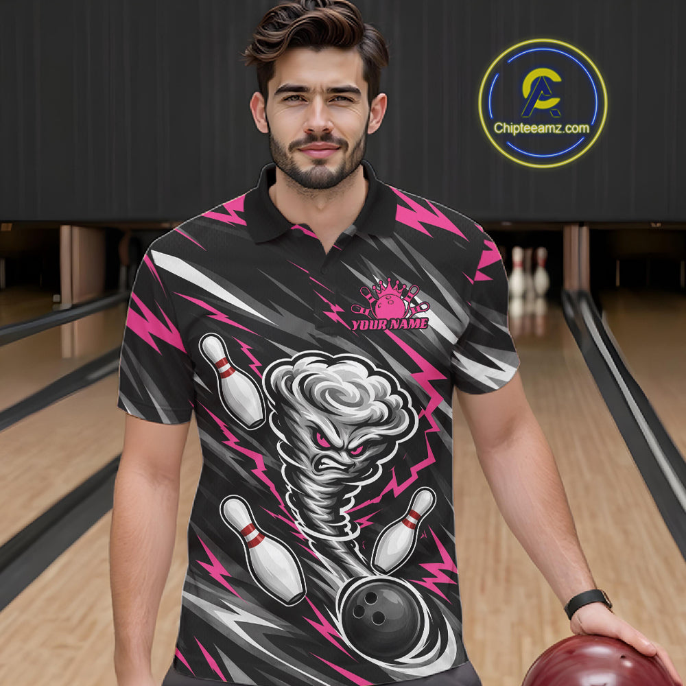 Custom Black And Pink Storm Thunnder Lightning Bolts Bowling Team Men Polo Shirt IPHW11808