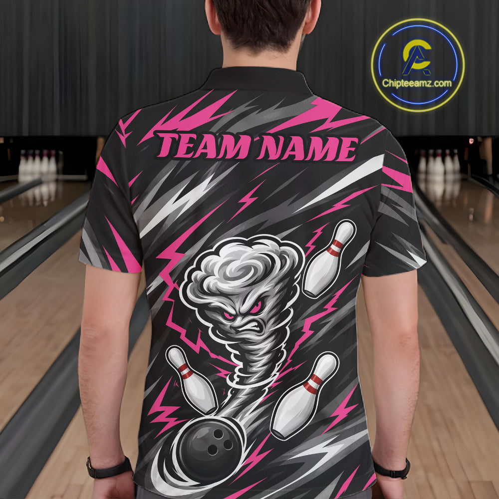Custom Black And Pink Storm Thunnder Lightning Bolts Bowling Team Men Polo Shirt IPHW11808