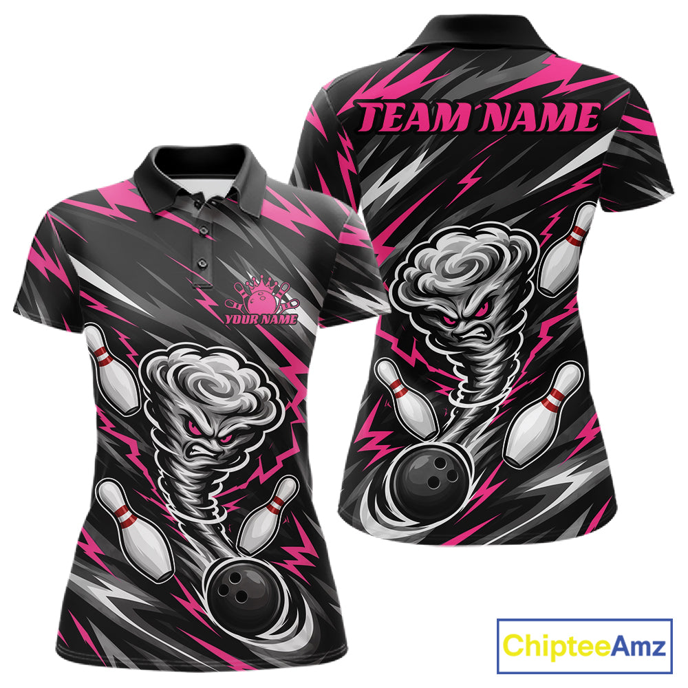 Custom Black And Pink Storm Thunnder Lightning Bolts Bowling Team Women Polo Shirt IPHW11808