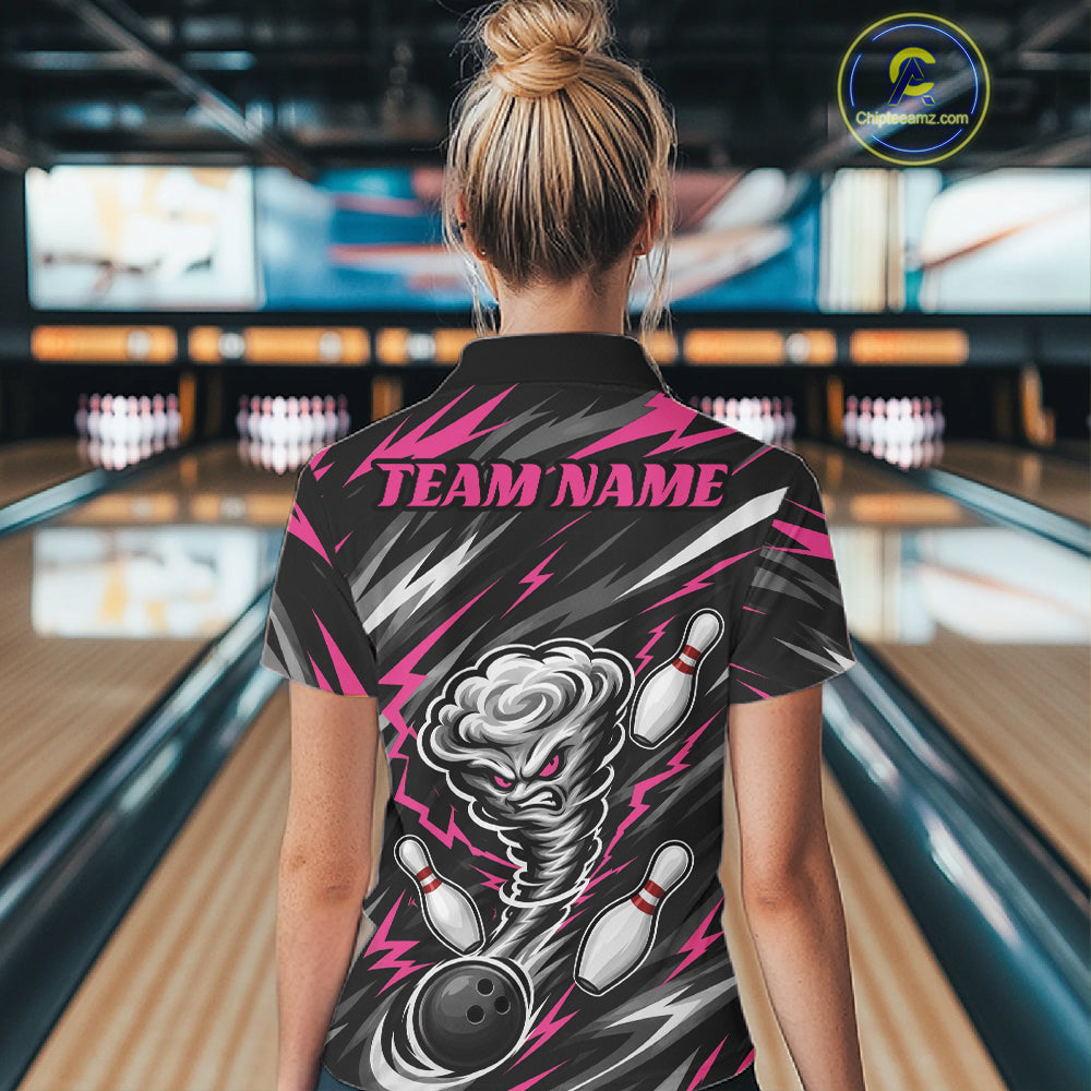 Custom Black And Pink Storm Thunnder Lightning Bolts Bowling Team Women Polo Shirt IPHW11808
