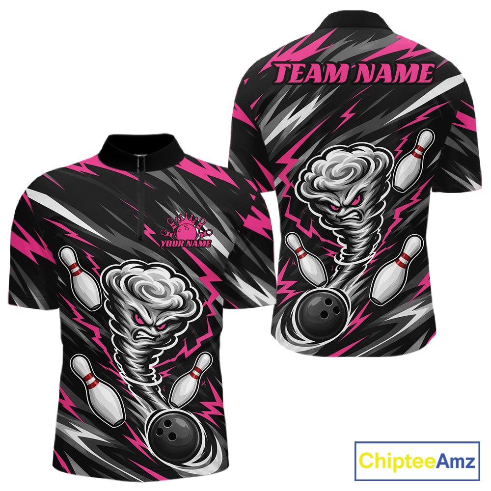 Custom Black And Pink Storm Thunnder Lightning Bolts Bowling Team Men Quarter Zip Shirt IPHW11808