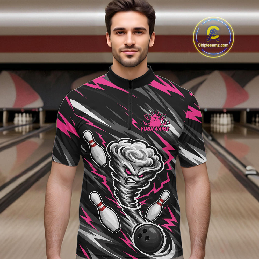 Custom Black And Pink Storm Thunnder Lightning Bolts Bowling Team Men Quarter Zip Shirt IPHW11808
