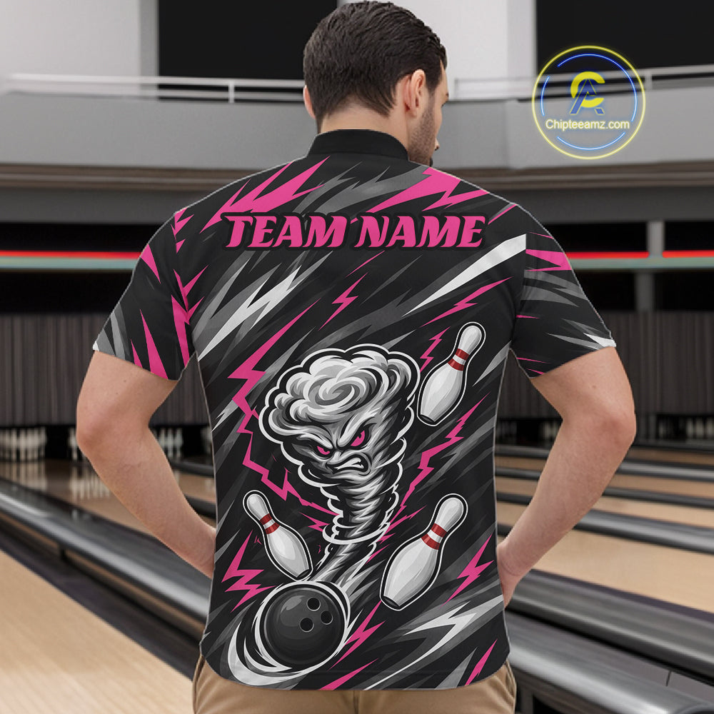 Custom Black And Pink Storm Thunnder Lightning Bolts Bowling Team Men Quarter Zip Shirt IPHW11808