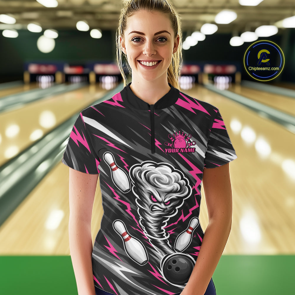 Custom Black And Pink Storm Thunnder Lightning Bolts Bowling Women Quarter-Zip Shirt IPHW11808