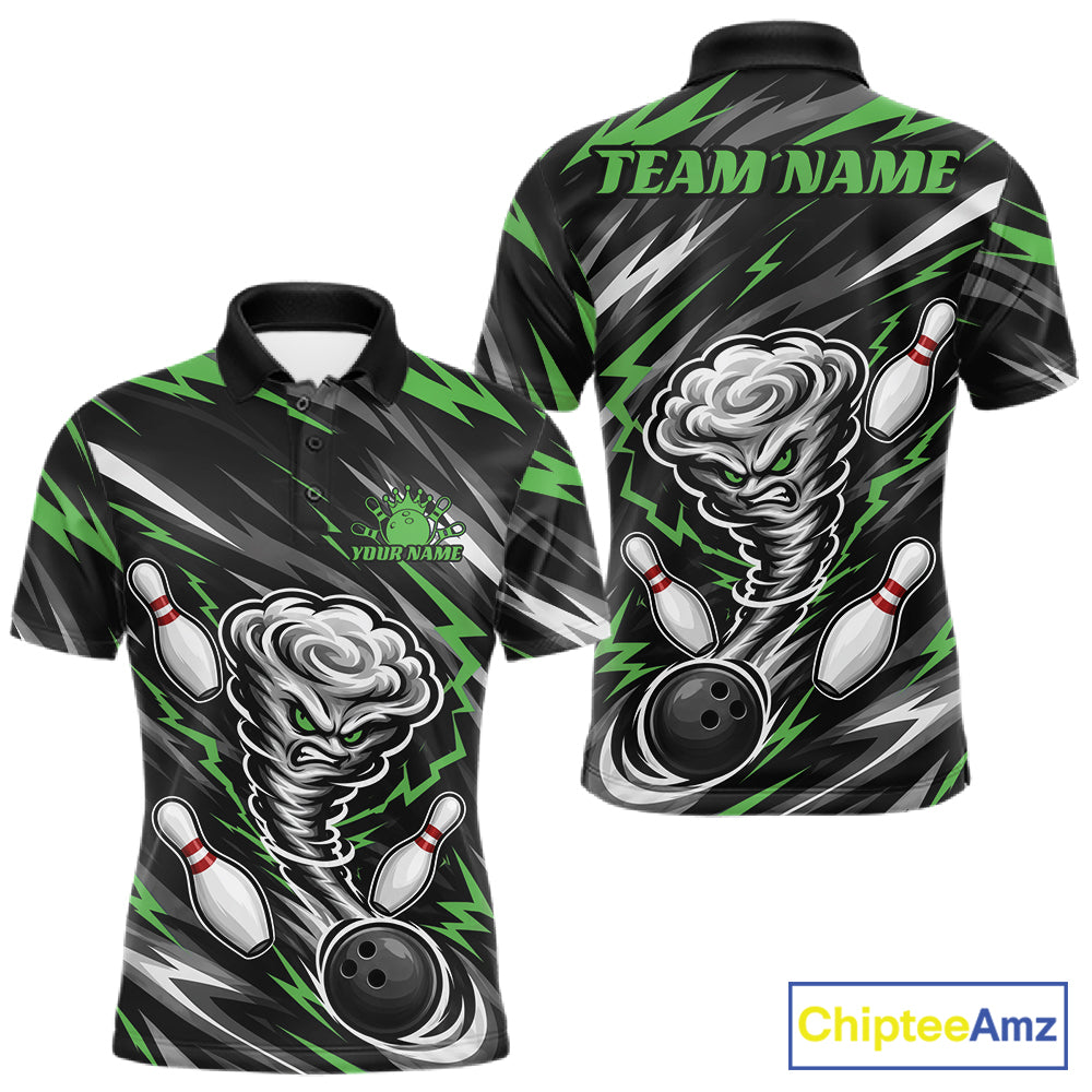 Custom Black And Green Storm Thunnder Lightning Bolts Bowling Team Men Polo Shirt IPHW11809