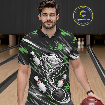 Custom Black And Green Storm Thunnder Lightning Bolts Bowling Team Men Polo Shirt IPHW11809