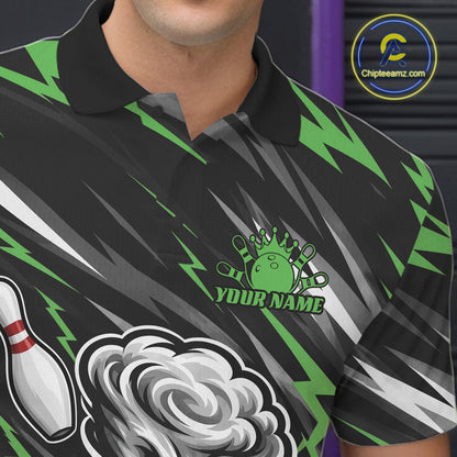 Custom Black And Green Storm Thunnder Lightning Bolts Bowling Team Men Polo Shirt IPHW11809