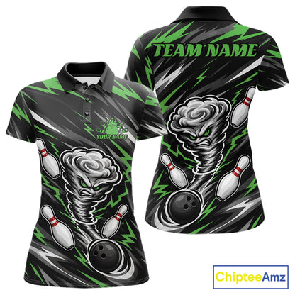 Custom Black And Green Storm Thunnder Lightning Bolts Bowling Team Women Polo Shirt IPHW11809