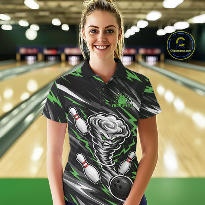 Custom Black And Green Storm Thunnder Lightning Bolts Bowling Team Women Polo Shirt IPHW11809
