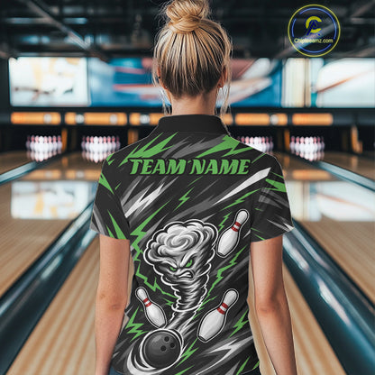 Custom Black And Green Storm Thunnder Lightning Bolts Bowling Team Women Polo Shirt IPHW11809