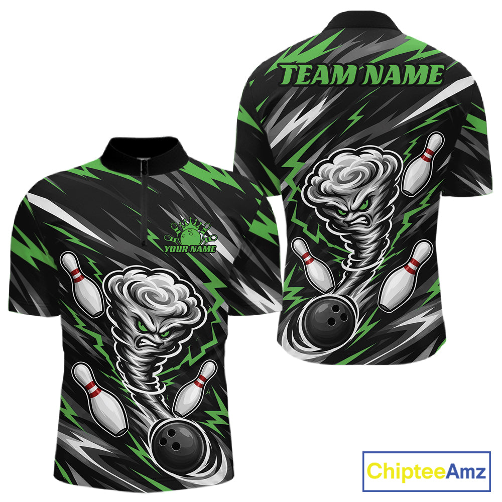 Custom Black And Green Storm Thunnder Lightning Bolts Bowling Team Men Quarter Zip Shirt IPHW11809