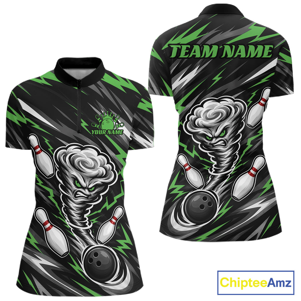 Custom Black And Green Storm Thunnder Lightning Bolts Bowling Women Quarter-Zip Shirt IPHW11809