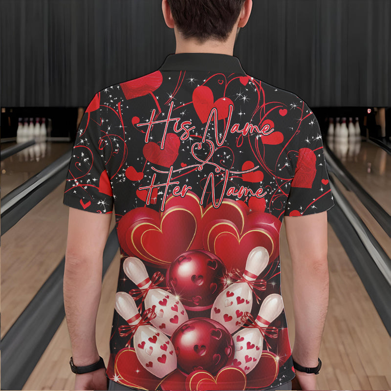 Black And Red Custom Valentines Day Bowling Polo Shirts For Men, Bowling Couple Shirt IPHW8327