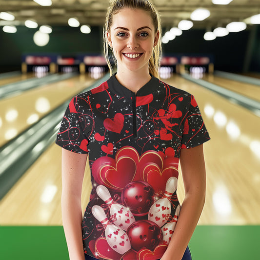 Black And Red Custom Valentines Day Bowling Womens Quarter-Zip Shirts, Bowling Couple Shirt IPHW8327