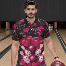 Load image into Gallery viewer, Black And Pink Custom Valentines Day Bowling Polo Shirts For Men, Bowling Couple Shirt IPHW8328