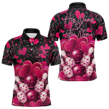 Load image into Gallery viewer, Black And Pink Custom Valentines Day Bowling Polo Shirts For Men, Bowling Couple Shirt IPHW8328