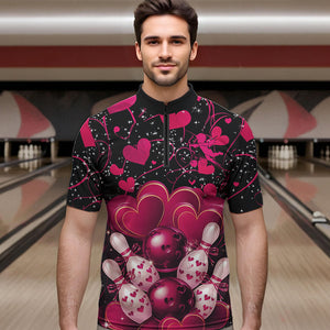 Black And Pink Custom Valentines Day Bowling Quarter-Zip Shirts For Men, Bowling Couple Shirt IPHW8328