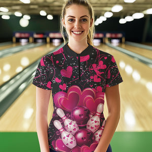 Black And Pink Custom Valentines Day Womens Bowling Quarter-Zip Shirt, Bowling Couple Shirt IPHW8328