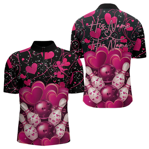 Black And Pink Custom Valentines Day Bowling Quarter-Zip Shirts For Men, Bowling Couple Shirt IPHW8328