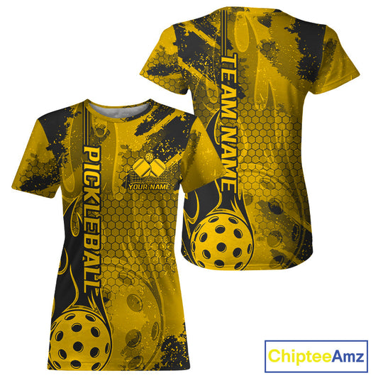 Black And Yellow Flame Custom Pickleball T-Shirts For Women, Team Pickleball Jerseys IPHW9300