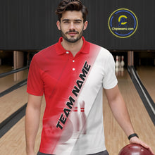 Load image into Gallery viewer, Front view of a male model at a bowling lane wearing a polo shirt with bowling ball and pins in a red and white diagonal layout.