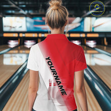 Load image into Gallery viewer, Female model back view in a bowling lane wearing a polo shirt with bowling ball and pins across a red and white diagonal layout.