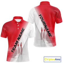 Load image into Gallery viewer, Front and back men’s bowling polo shirt mockup with bowling ball and pins artwork in a red and white diagonal layout.