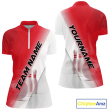 Load image into Gallery viewer, Front and back women’s bowling quarter zip mockup with bowling ball and pins artwork incorporated into a red and white diagonal layout.