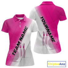 Load image into Gallery viewer, Front and back women’s polo shirt mockup featuring bowling ball and pins graphics within a pink and white diagonal layout.
