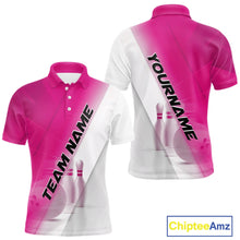 Load image into Gallery viewer, Front and back men’s bowling polo shirt mockup with bowling ball and pins motif in a pink and white diagonal layout.