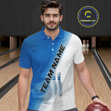 Load image into Gallery viewer, Male model front view at a bowling lane wearing a polo shirt with bowling ball and pins across a blue and white diagonal layout.