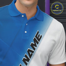 Load image into Gallery viewer, Close up left chest view of a bowling polo shirt with bowling ball and pins incorporated into a blue and white diagonal layout.