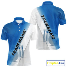 Load image into Gallery viewer, Front and back men’s bowling polo shirt mockup featuring bowling ball and pins artwork in a blue and white diagonal layout.