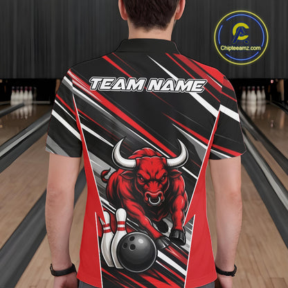 Custom Black And Red Bull Bowling Team Men Polo Shirt, Bull Bowling Jerseys IPHW11814
