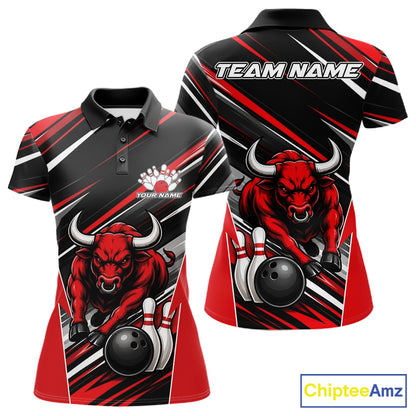 Custom Black And Red Bull Bowling Team Women Polo Shirt, Bull Bowling Jerseys IPHW11814