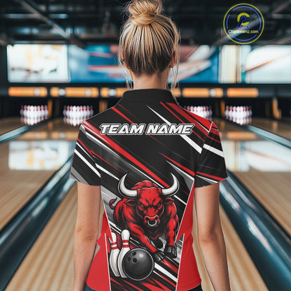 Custom Black And Red Bull Bowling Team Women Polo Shirt, Bull Bowling Jerseys IPHW11814