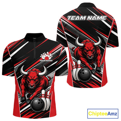 Custom Black And Red Bull Bowling Team Men Quarter Zip Shirt, Bull Bowling Jerseys IPHW11814