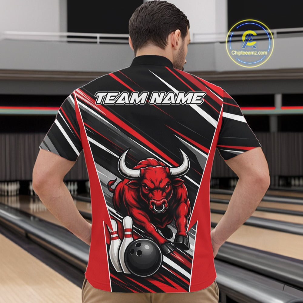 Custom Black And Red Bull Bowling Team Men Quarter Zip Shirt, Bull Bowling Jerseys IPHW11814