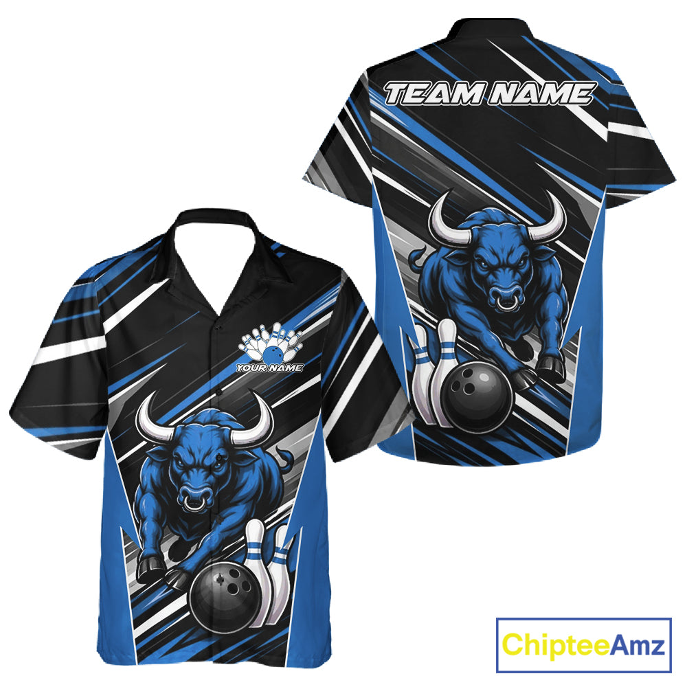 Custom Black And Blue Bull Bowling Team Men And Women Button Up Shirt, Bull Bowling Jerseys IPHW11815
