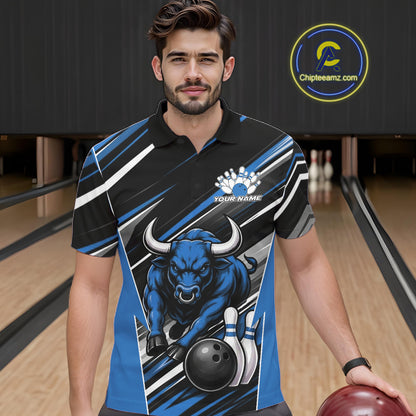 Custom Black And Blue Bull Bowling Team Men Polo Shirt, Bull Bowling Jerseys IPHW11815