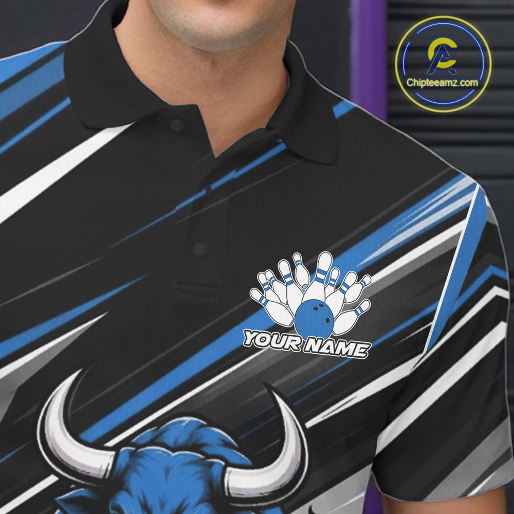 Custom Black And Blue Bull Bowling Team Men Polo Shirt, Bull Bowling Jerseys IPHW11815