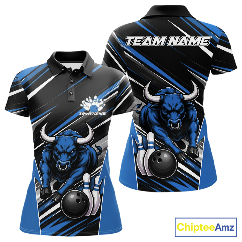 Custom Black And Blue Bull Bowling Team Women Polo Shirt, Bull Bowling Jerseys IPHW11815
