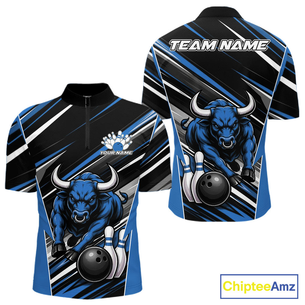 Custom Black And Blue Bull Bowling Team Men Quarter Zip Shirt, Bull Bowling Jerseys IPHW11815