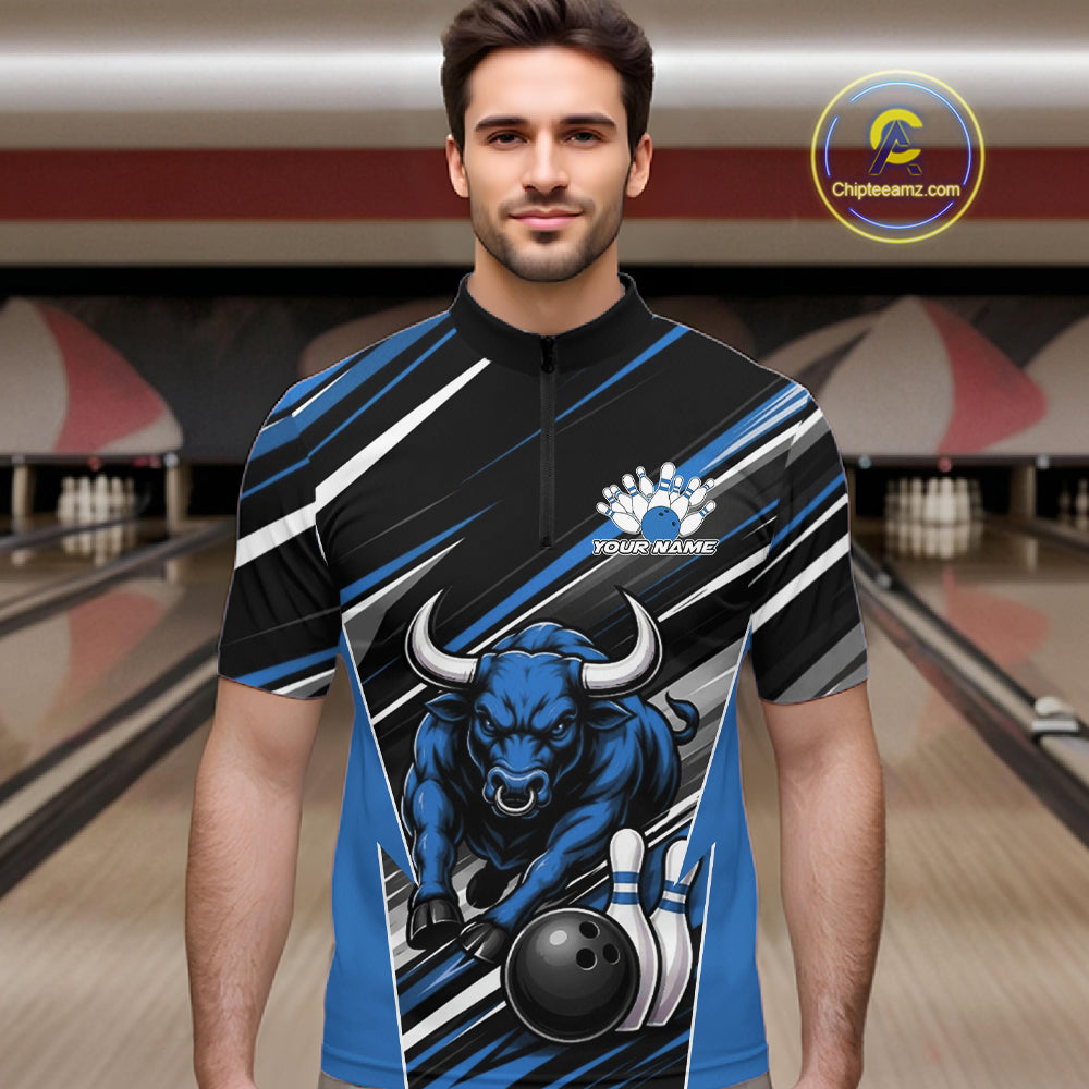 Custom Black And Blue Bull Bowling Team Men Quarter Zip Shirt, Bull Bowling Jerseys IPHW11815