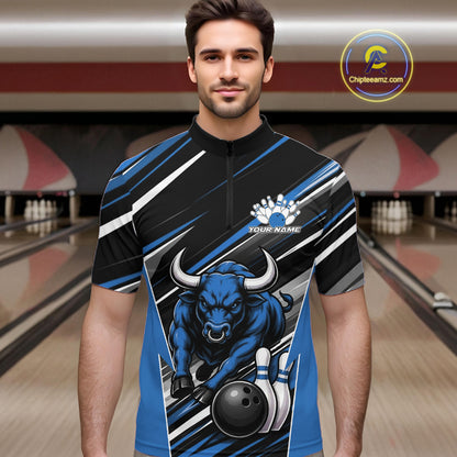Custom Black And Blue Bull Bowling Team Men Quarter Zip Shirt, Bull Bowling Jerseys IPHW11815