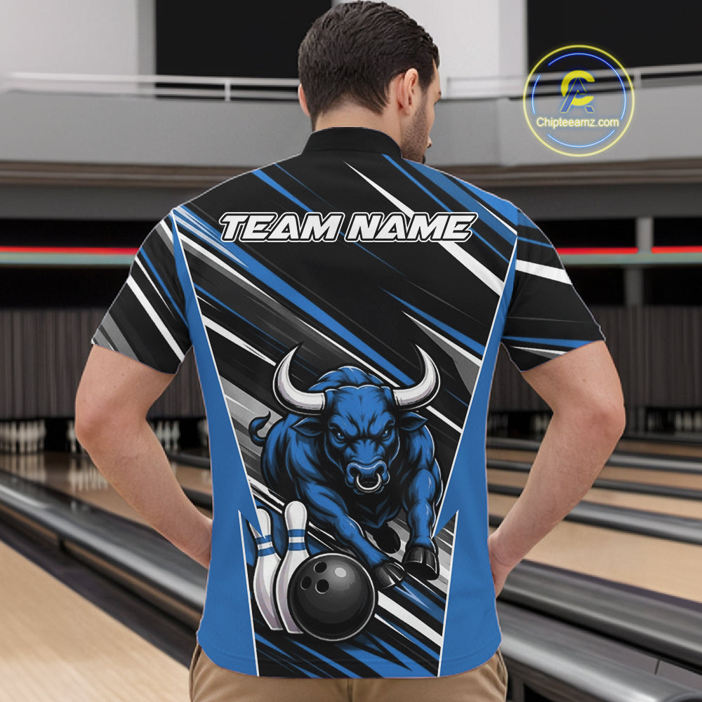 Custom Black And Blue Bull Bowling Team Men Quarter Zip Shirt, Bull Bowling Jerseys IPHW11815