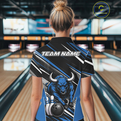 Custom Black And Blue Bull Bowling Team Women Quarter-Zip Shirt, Bull Bowling Jerseys IPHW11815