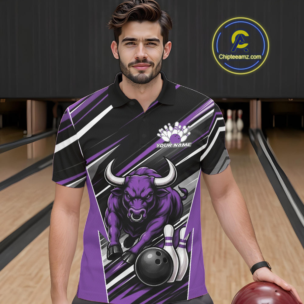 Custom Black And Purple Bull Bowling Team Men Polo Shirt, Bull Bowling Jerseys IPHW11816